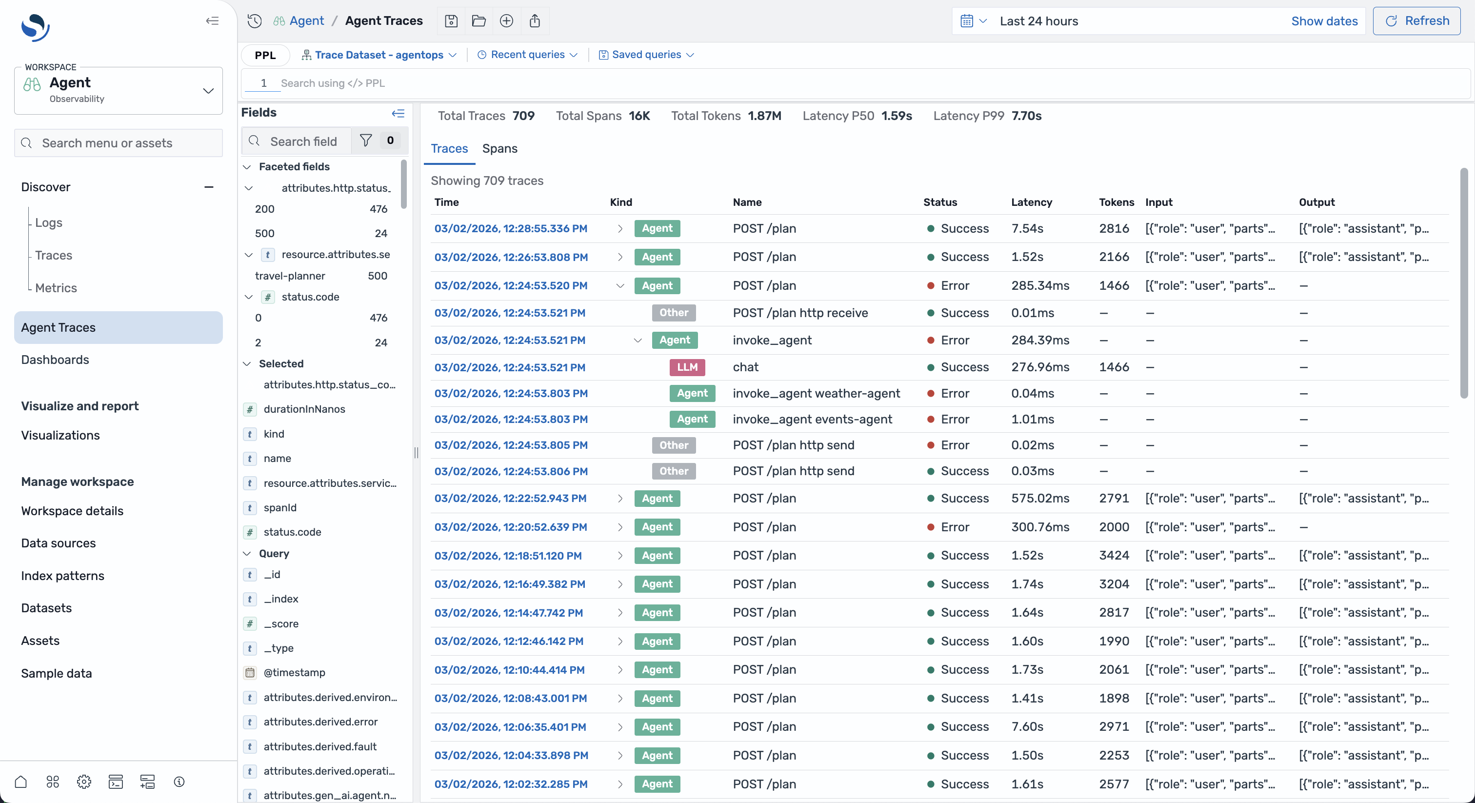 Traces tab showing root-level agent traces