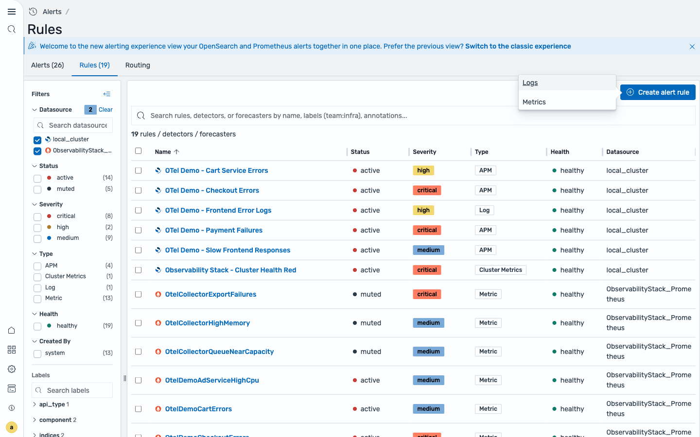 The Create alert rule menu open, offering Logs and Metrics