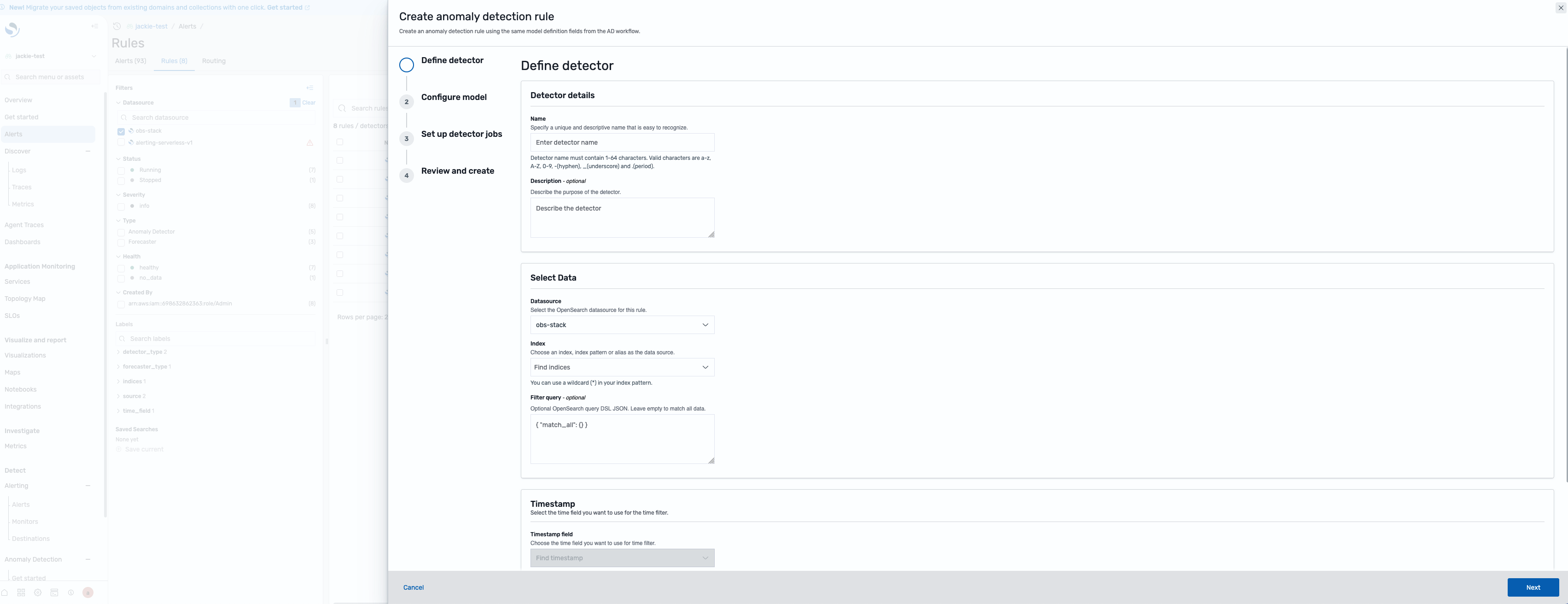 The create anomaly detection rule form in Unified Alerts View