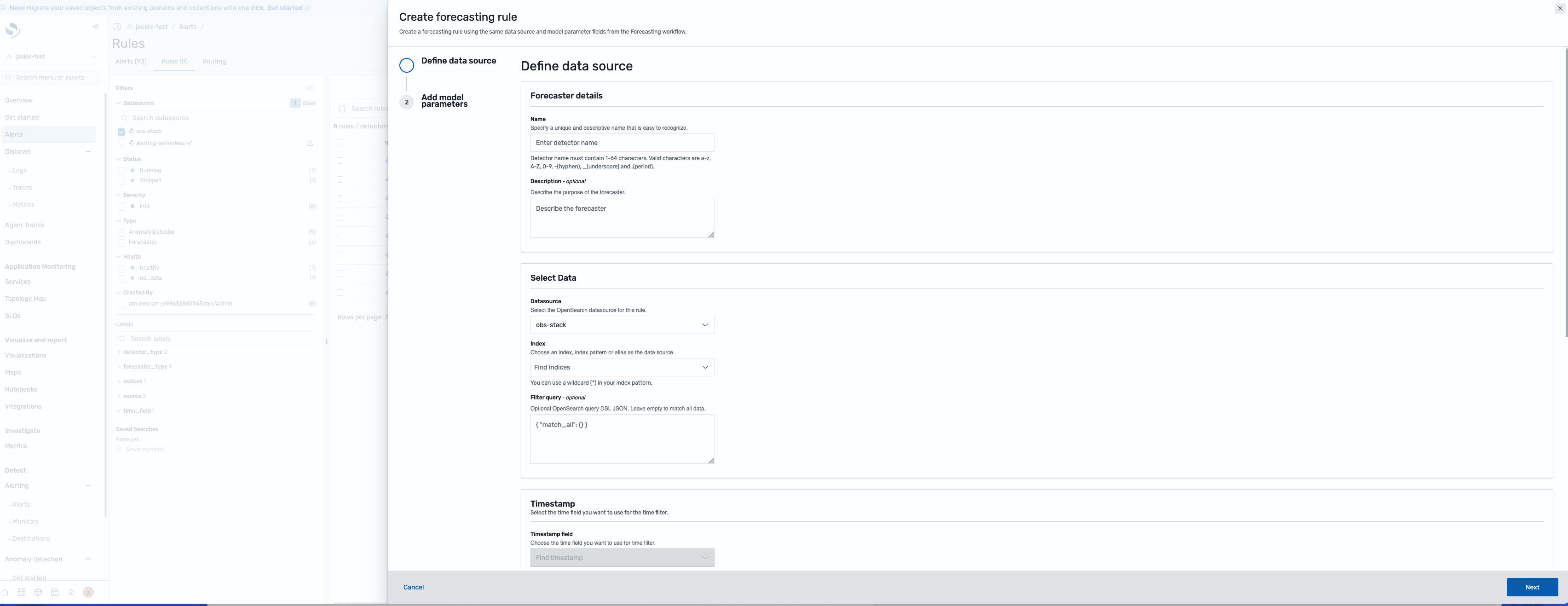 The create forecasting rule form in Unified Alerts View