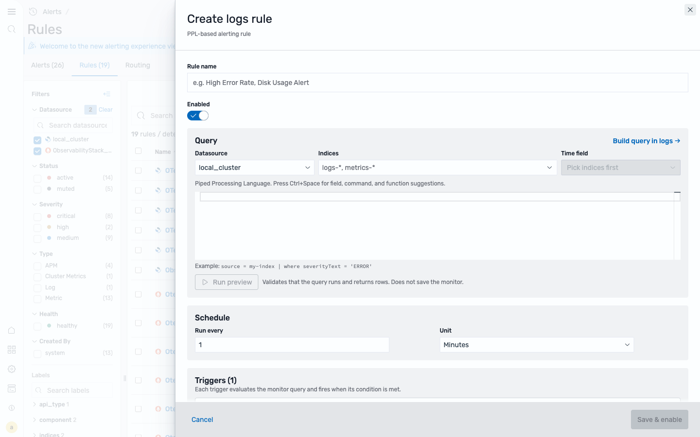 The Create logs rule form: data source, indices, and time field selectors above a PPL query editor with a Run preview button