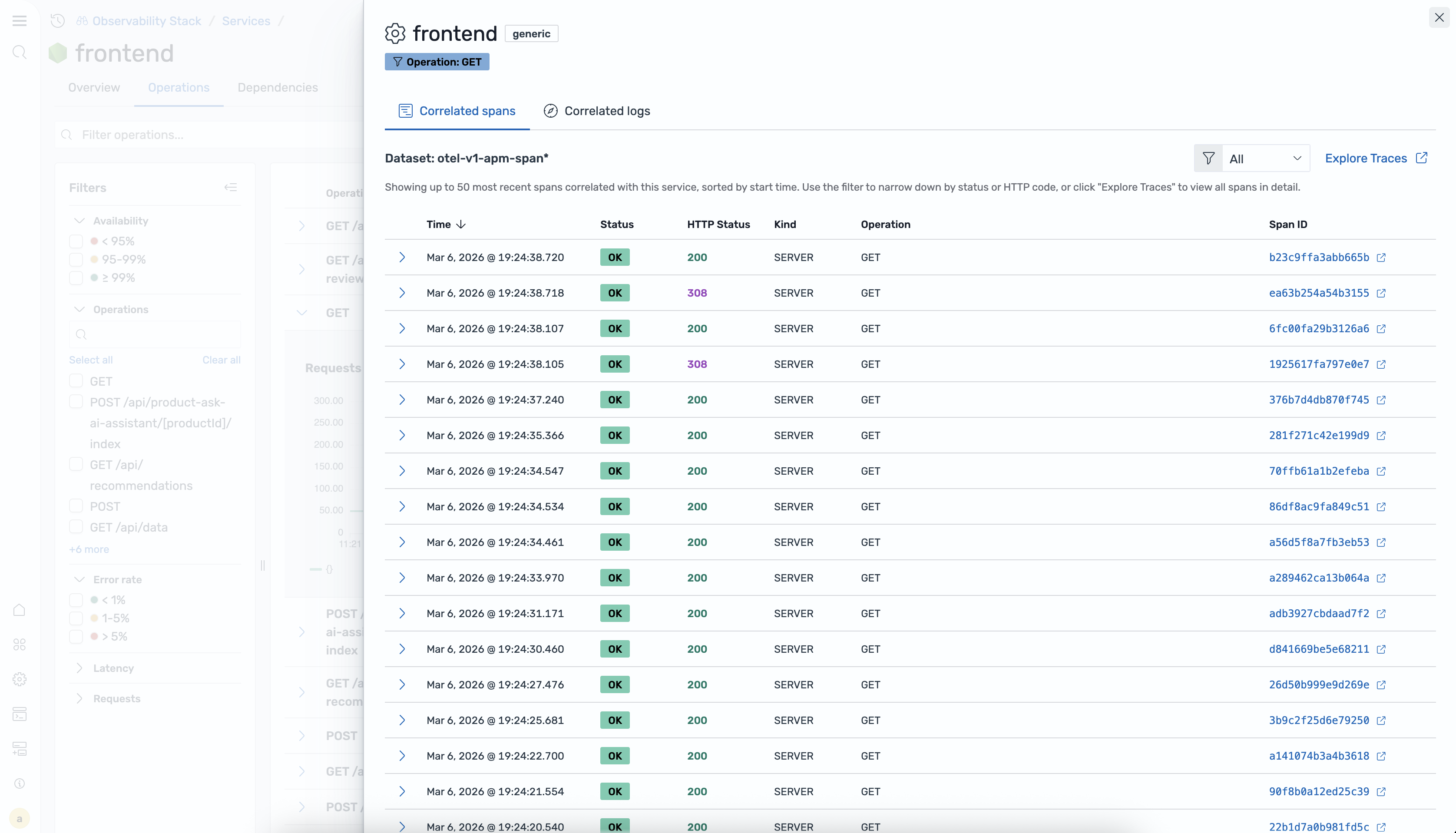 Correlation flyout showing correlated spans for the frontend service GET operation