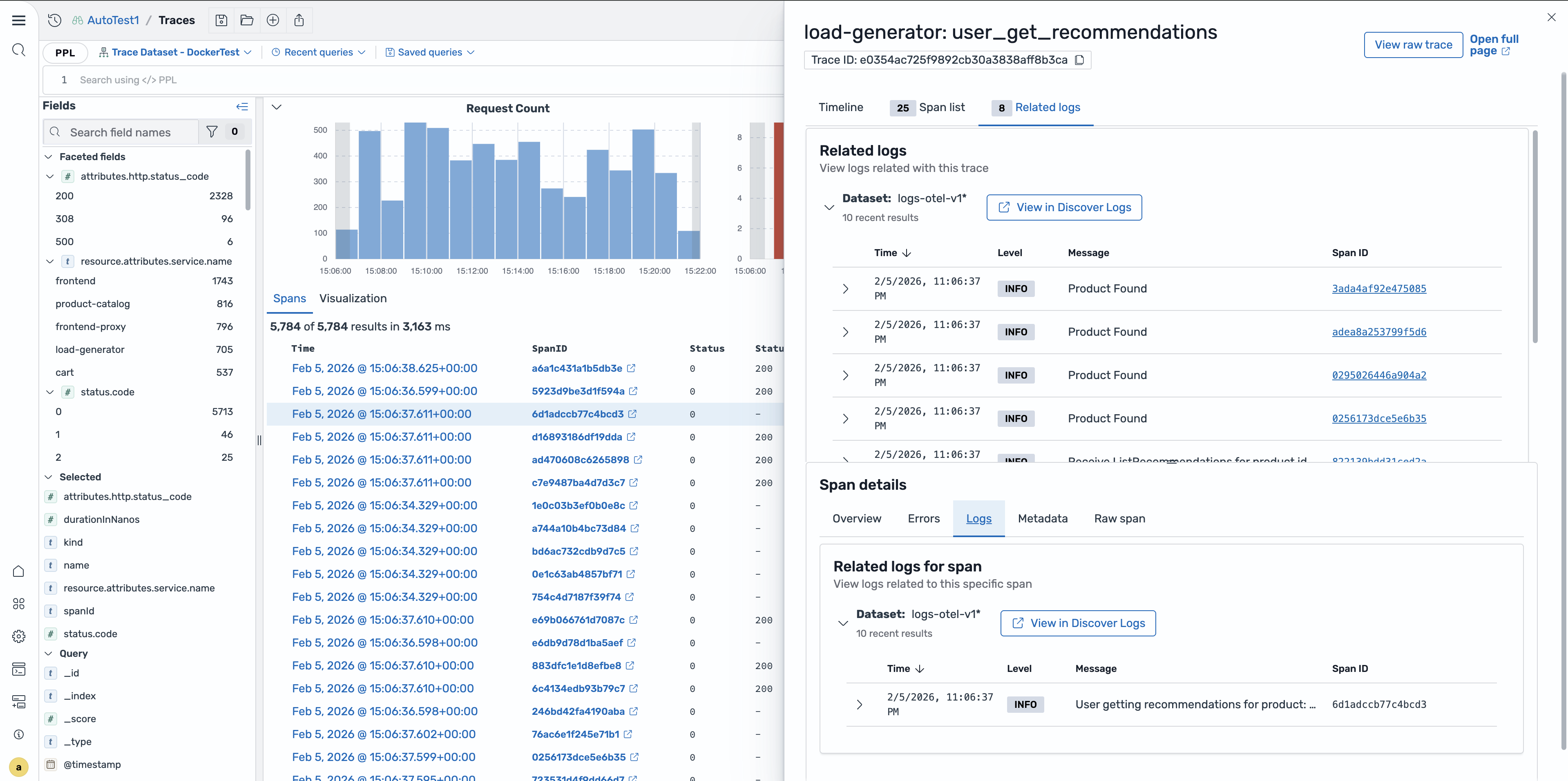 Related logs button in trace details
