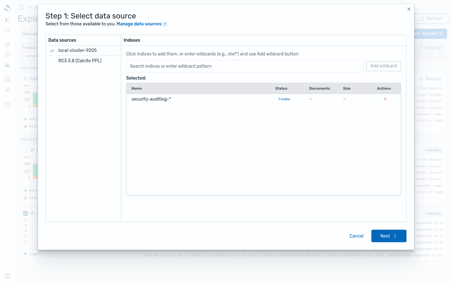 Step 1 of the Create dataset wizard, seeded with the security-auditlog wildcard