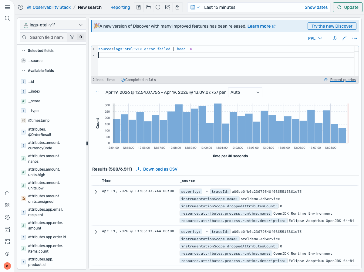 Basic search results showing error logs with highlighted terms