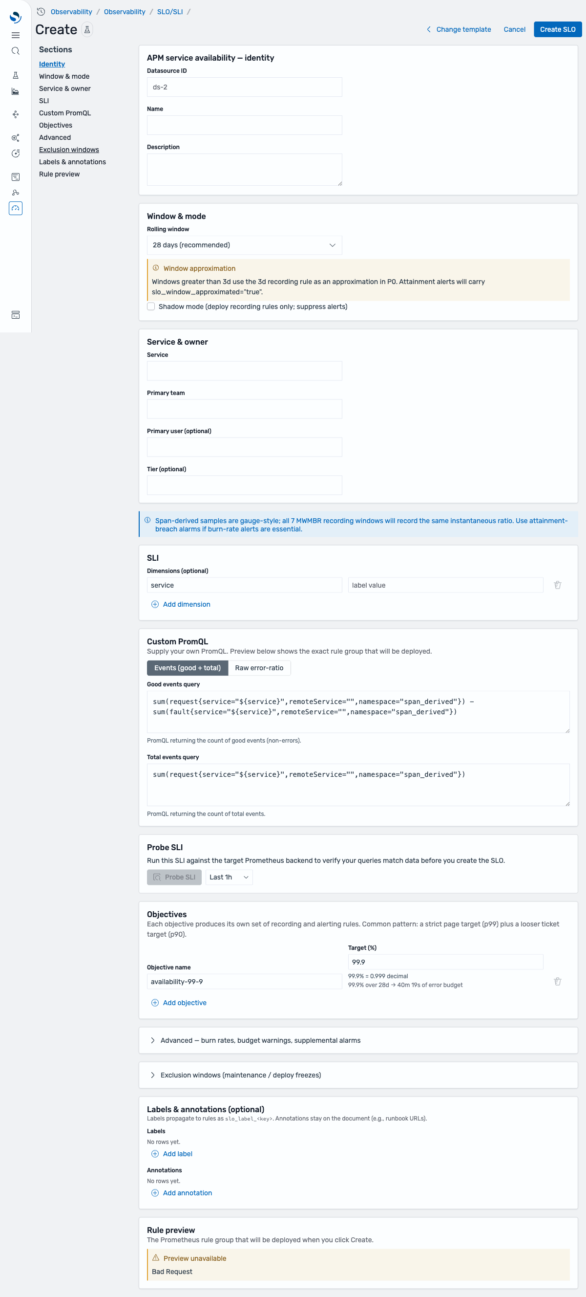 SLO create wizard sections: identity, window and mode, service and owner, SLI, objectives, advanced, and rule preview